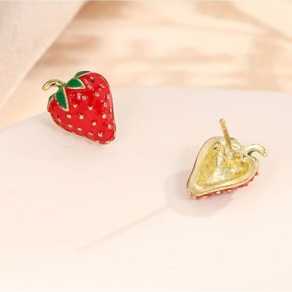 Red Strawberry Stud Earrings - Picture 5 of 5